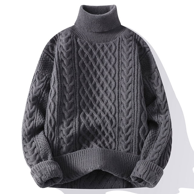 Suéter de cuello alto de jacquard vintage engrosado para hombre, suéter holgado de invierno para jóvenes, calidez y comodidad