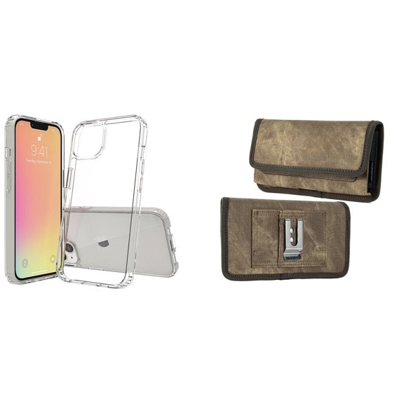 Bemz Case and Pouch Bundle for iPhone 14 Pro Max: Fusion Protector Slim Case (Transparent Clear) and Rugged Denim Nylon Belt Holster (Tan Brown)