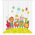thumbnail image 3 of Nursery Shower Curtain, Childish Drawing Cartoon with Animals in Wagons Elephant Gator Lion Bunny Hedgehog, Fabric Bathroom Set with Hooks, 69"WX70"L, Multicolor, by Ambesonne, 3 of 3