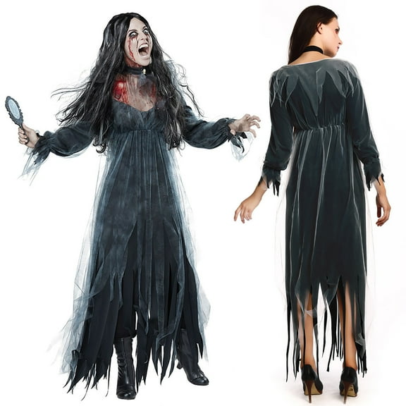 Njagoc3 Womens Long Sleeve Maxi Ghost Costume Dress, Tattered Design, Solid Color, Halloween Party & Haunted Event Wear, Spooky Fit