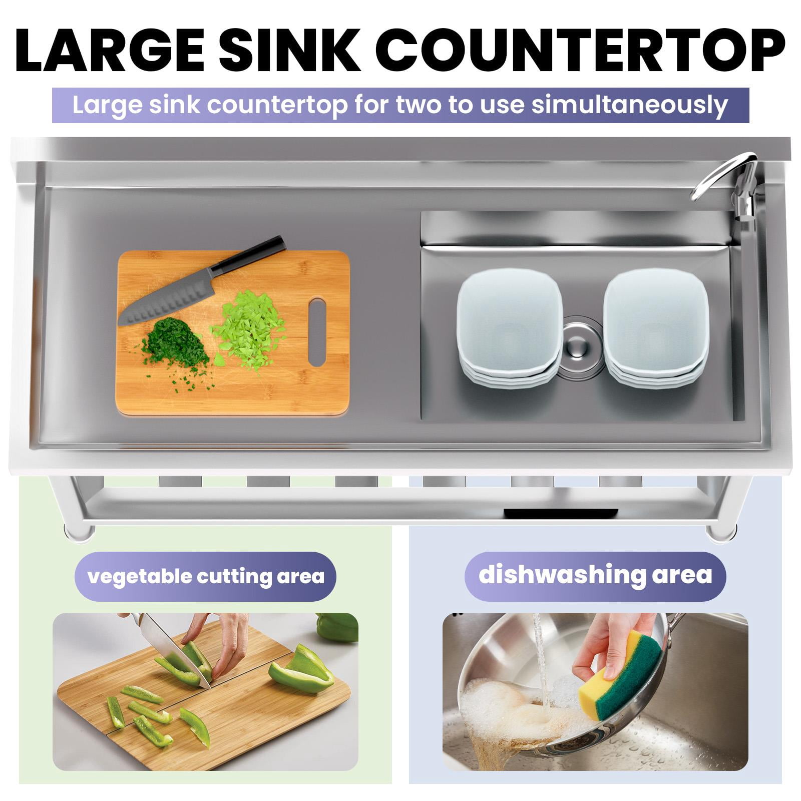 Single Bowl Utility Sink, Freestanding Wash Station, 47.3″×18.5″×33.6″ Kitchen Sink, with Swivel Faucet, Hot Cold Lines, Organizer Shelf, for Laundry, Backyard, Small Business