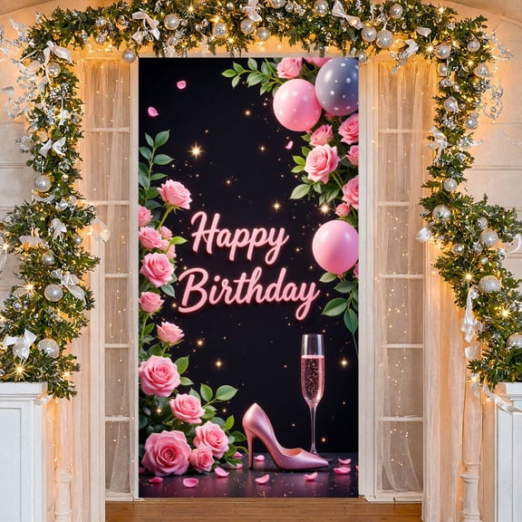 Pink Floral Banner Glittery Birthday Backdrop Elegant Sparkling Celebration Display for Adult Birthday Party Indoor Decoration Photo Shoot