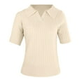 thumbnail image 4 of frariair Women Knit Pullover Sweater With Lapel Collar And Short Sleeve Casual V Neckline Top For Everyday Comfort Wear Beige L, 4 of 7