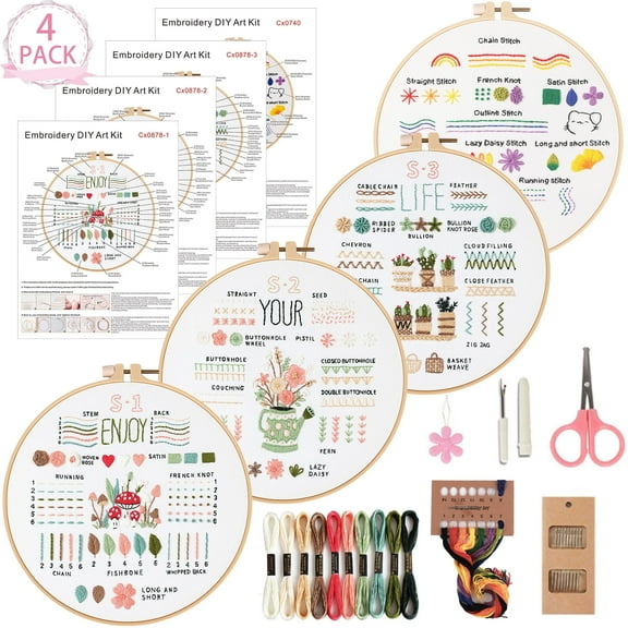 Yalumo Embroidery Kit for Adult Beginners, 4 Pack Stitch Practice Set to Learn 36 Basic Stitches, Hand Cross Stitching Kit with Hoop, Tools, Colorful Threads, and Needles