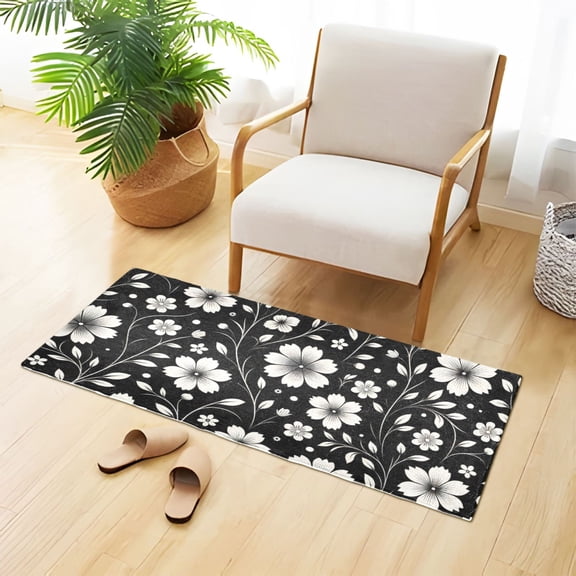 Retro White and Black Flowers Bathroom Rug Non Slip Bathroom Mats Entry Door Soft Carpets for Kitchen Bedroom Living Room 39x20 inch