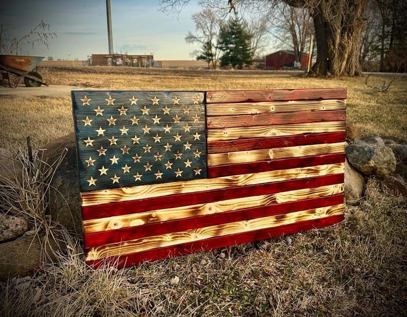 Handmade Rustic Wooden American Flag 36 x 18 Inch