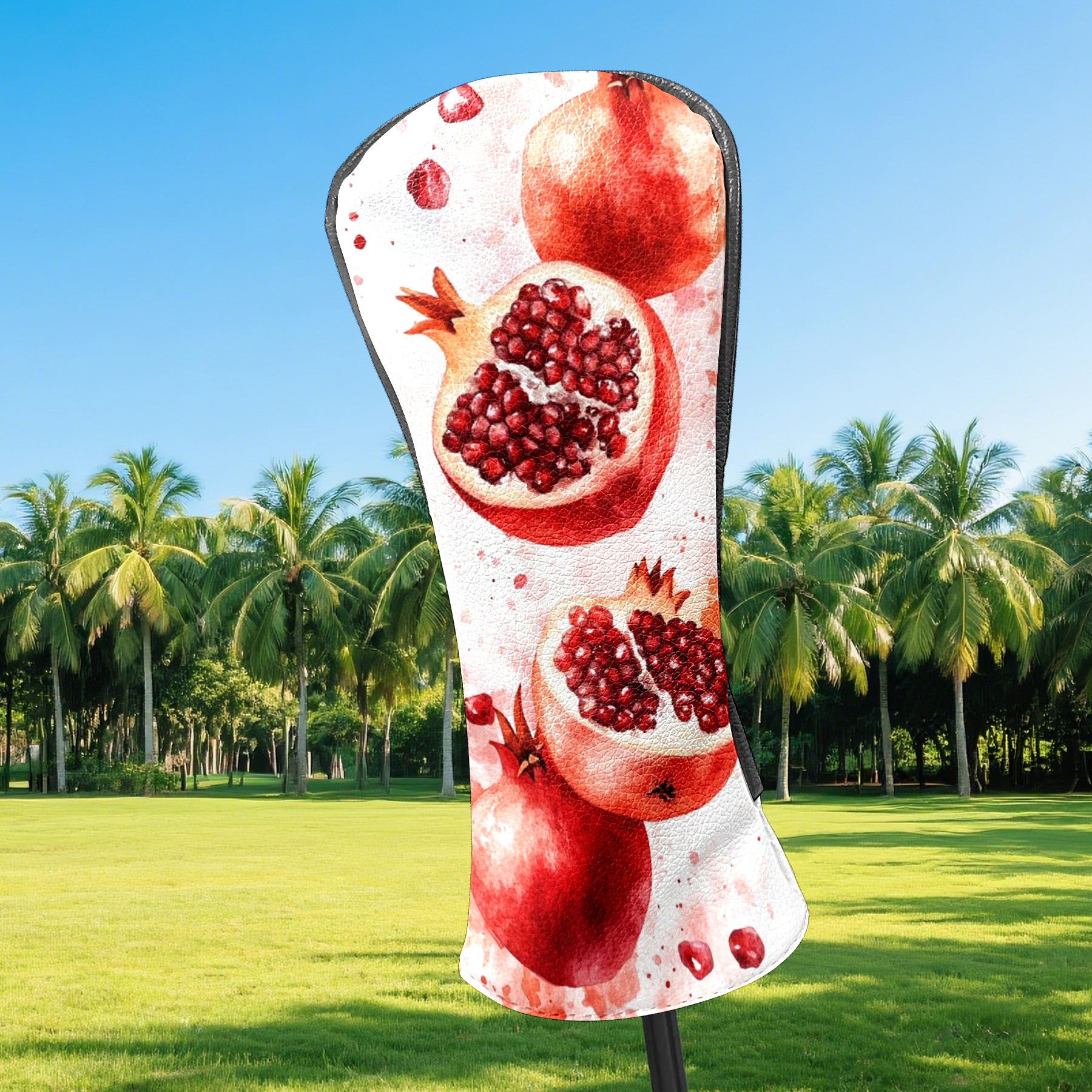 Golf Head Covers Pomegranate Pattern for Driver, Wood & Hybrid, Premium Waterproof PU Leather with Plush Lining, Fruit Themed Golf Gifts