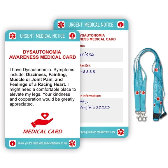 RAYCCI  2Pcs Dysautonomia Medical Alert Card with Writable Panel & Patterned Lanyard, Standard Size Emergency Contact Card