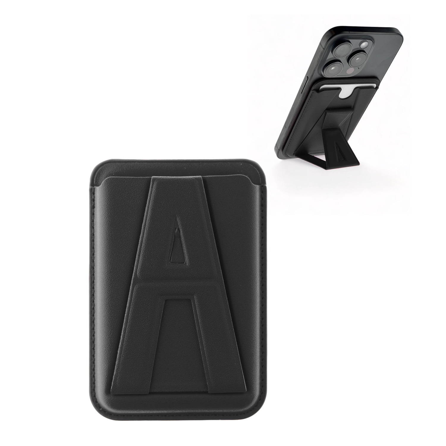 A Design Leather Magnetic Card Wallet Holder with Built-In Stand - Black