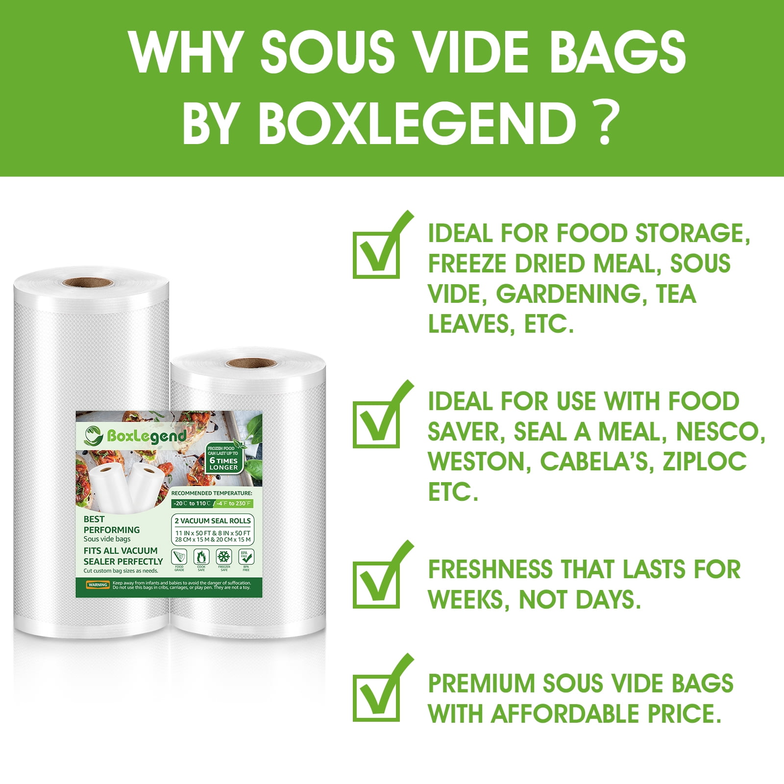 BoxLegend Vacuum Sealer Bags 6x 10x100 Size Vacuum Seal Bags Food Saver  Bags Pre-cut Reusable Bags 