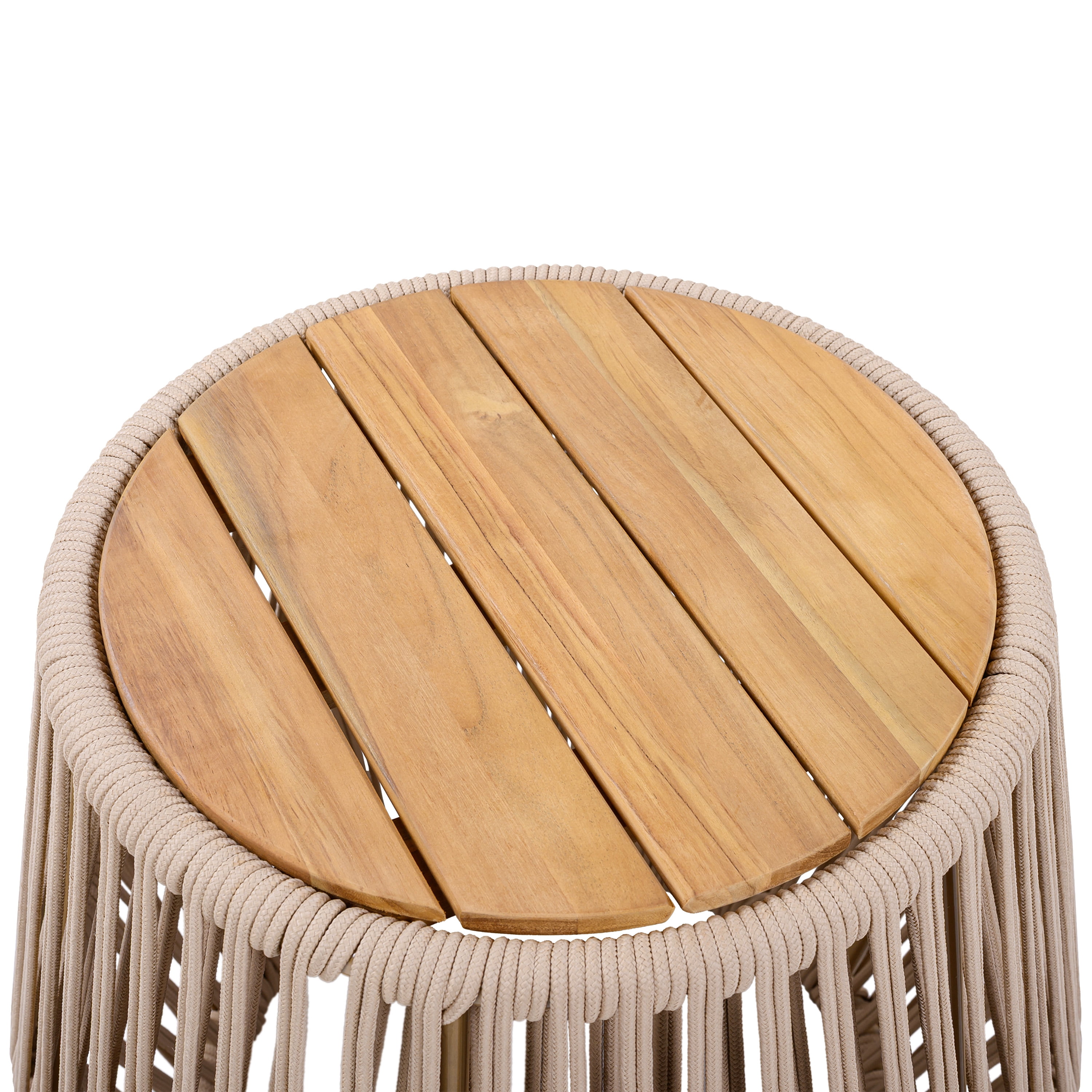 Side Table, Outdoor Acacia Wood Table with Beige Rope Base for Patio Balcony Garden, Teak