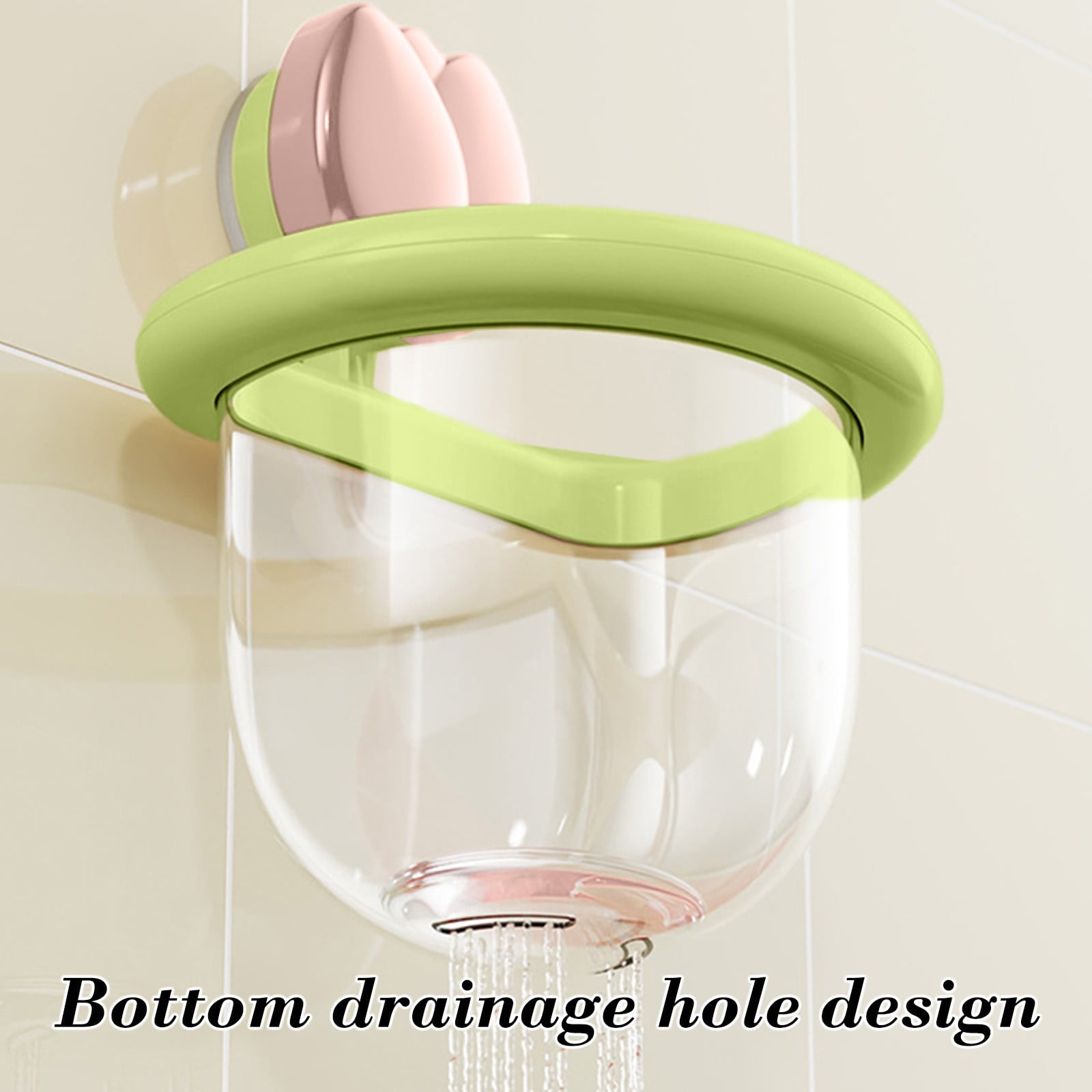 Pink Suction Cup Storage Cup With Flower Shape And Green Ring For Bathroom Kitchen Wall Mount No Tools Installation With Drain Holes