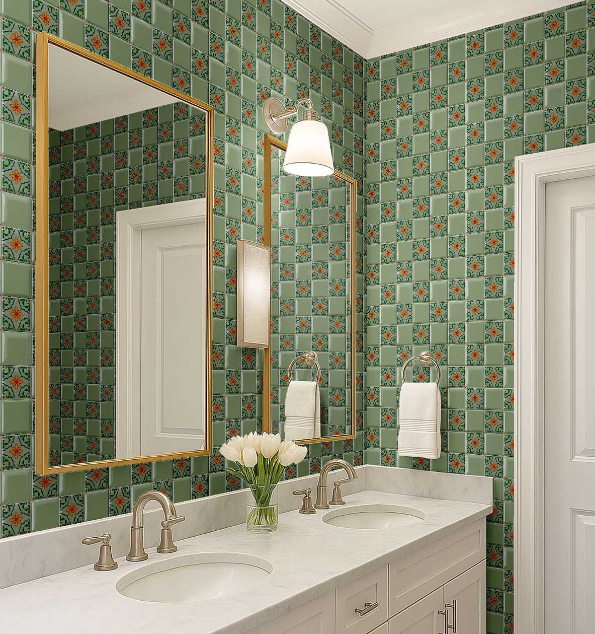 S4Sassy Mosaic Tile Wallpaper - Green Wall Covering, 25" X 120" Self-Adhesive Plain Vinyl Wall Paper, Walls Wrap, Botanical Removable Wallpaper For Bedroom, Nursery, Study