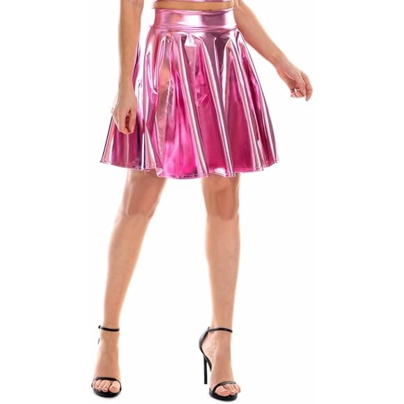 Women's Metallic Shiny Skirt Sexy Wet Look Flared Pleated Skirt Women Skater Skirt Cheerleader Anime Alien Cosplay Costume