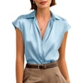thumbnail image 5 of Only Moment Women's Short Sleeve Tops Short Sleeve V Neck Satin Short Sleeve Shirts Buttons Spring Fashion Summer Outfits Plus Size Blouses Dressy Casual Blouses for Women Casual Light Blue,S, 5 of 6
