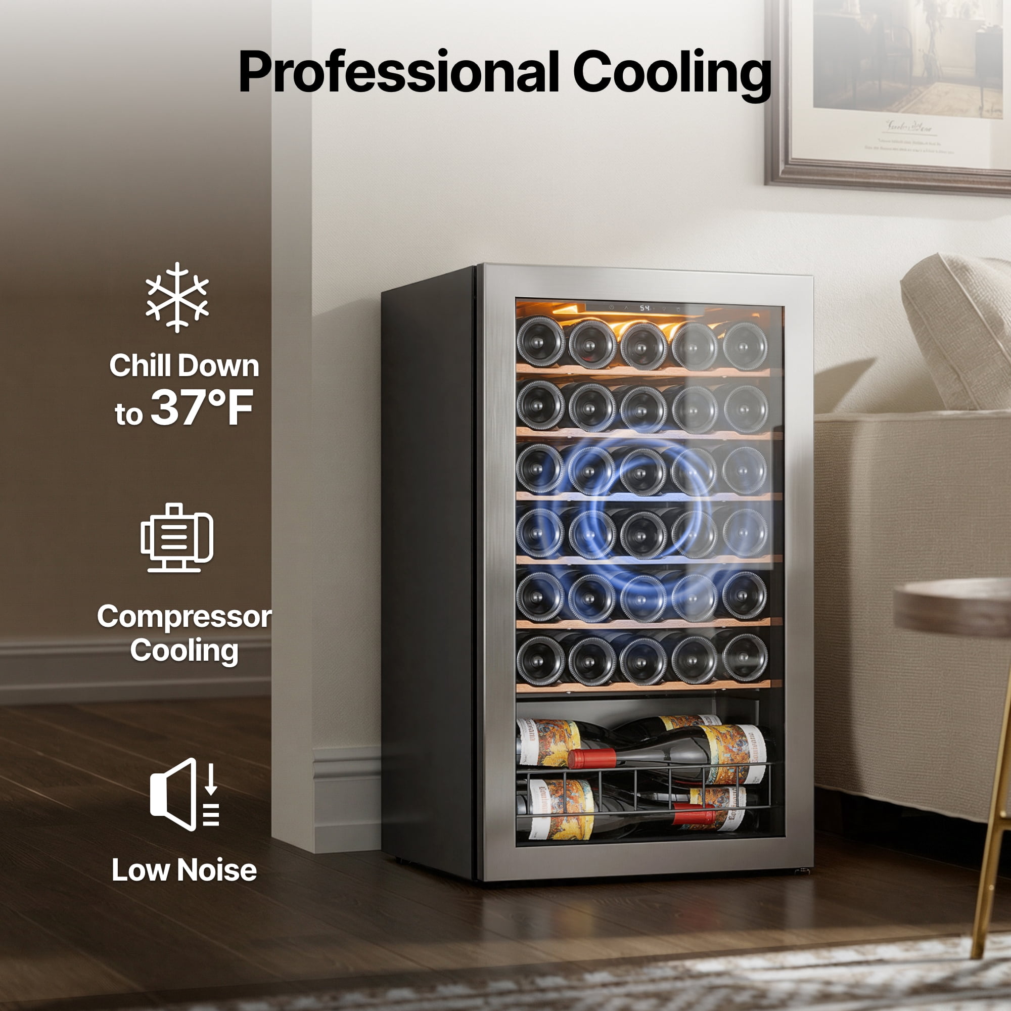 Ca'Lefort Wine Cooler Refrigerator, 3.35 cu.ft. Mini Wine Fridge Freestanding Wine Chiller with Double-Layer Glass Door for Home/Office
