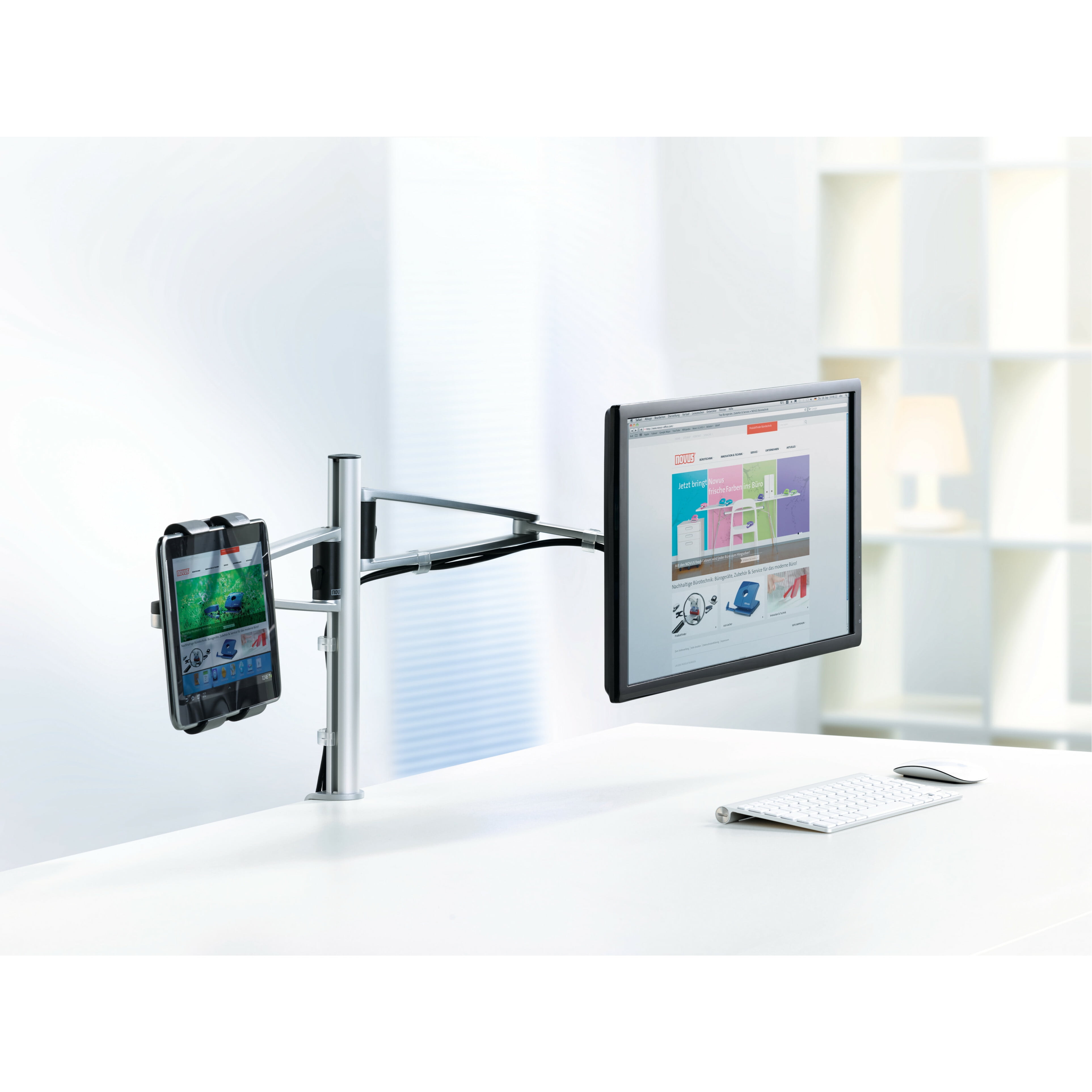 Novus MY Twin Dual Monitor Arms with 13.75" MY Column with System Clamp Base, Ergonomic & Adjustable, Silver