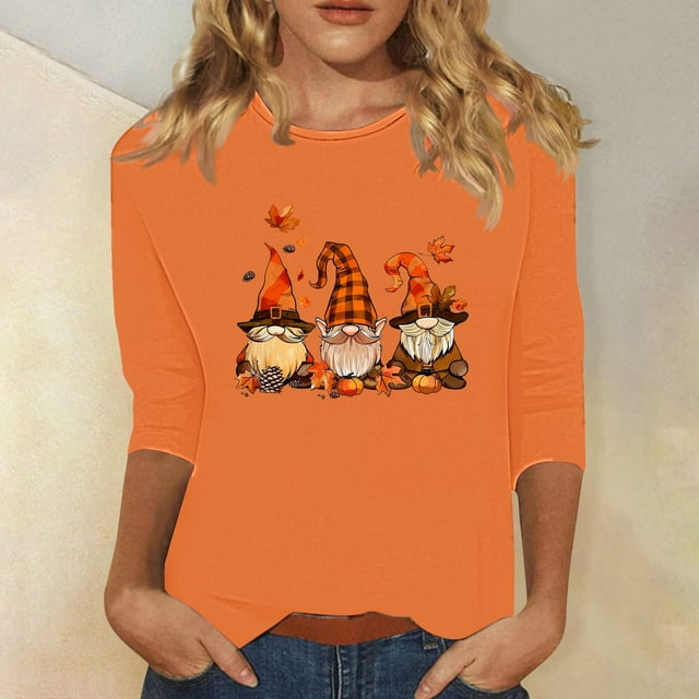 Leodye T-Shirts d'Halloween pour Femmes à Manches 3/4 à Col Rond, Automne, Halloween, Graphique Amusant, Haut à Manches Longues, Orange 12 (TTG)