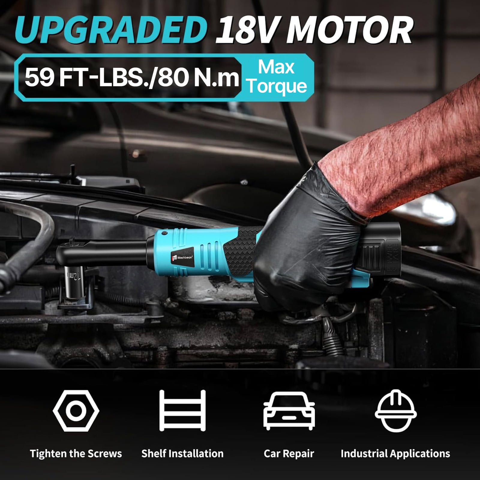 iMeshbean 18V Extended Cordless Ratchet Wrench 1/4 & 3/8" 59 ft-lbs (80 N.m) Electric Impact Wrench 550RPM 2 Battery