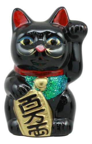 Details about   Japanese Luck Fortune Charm Black Beckoning Cat Maneki Neko Money Bank Statue 5" 