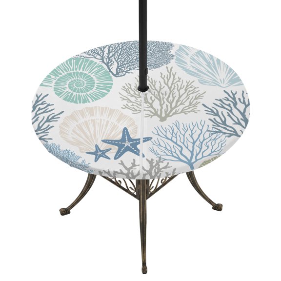 Outdoor Tablecloth with Umbrella Hole and Zipper Teal Blue Starfish Shell Round Fitted Table Cover with Elastic Waterproof Coastal Ocean Coral Patio Tablecloths for Picnic BBQS Garden Fit 55"-60"