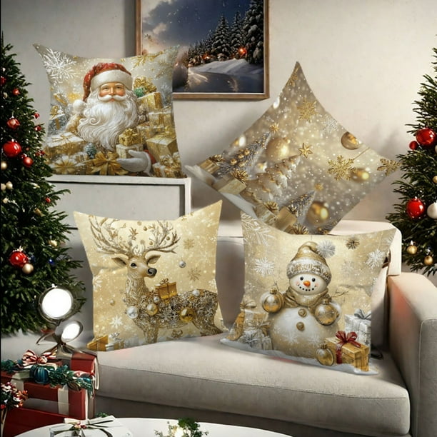 Juego de 4 fundas decorativas navideñas para cojines con diseños de renos y muñecos de nieve.