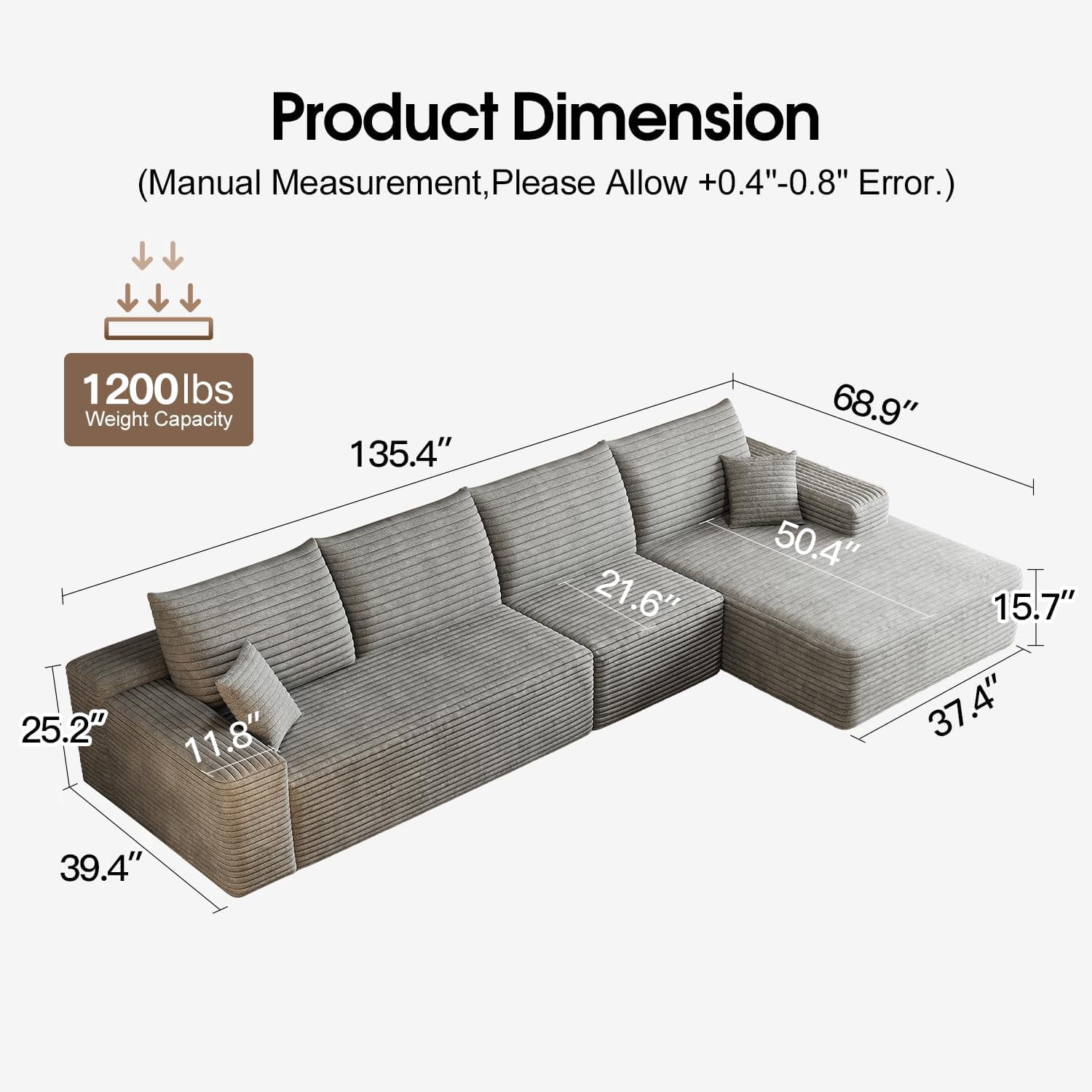 Sailvan 135" Cloud Sectional Couch, Cloudy Sofa with L-Shape Chaise, Upholstered Couches for Living Room & Bedroom, No Assembly Required, Plush Corduroy Fabric, Gray