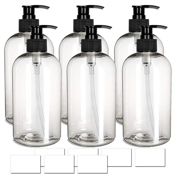 EZPRO USA Empty Pump Bottles 16oz 500ml Clear Round Plastic Bottle Dispenser 6Pack