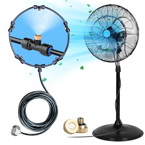Fan Misting Kit for a Cool Patio Breeze 16.4FT Misting Line,5 Removable Brass Nozzle and Solid Brass Adapter(3/4"),Outdoor Mister Fan for Patio Cooling