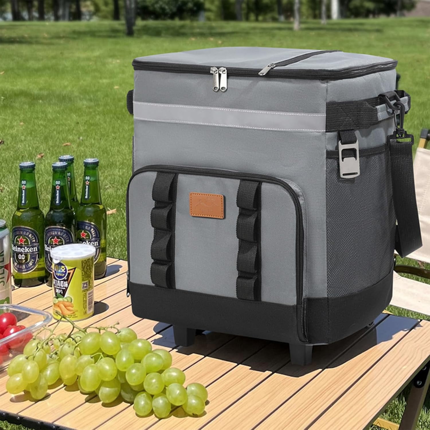 Rolling Cooler, 32QT Ice Chest Rolling Cooler with Wheels and Handle, Soft Sided Leakproof Soft Cooler Bag for Beach Camping Patio Travel Outdoor, Gray