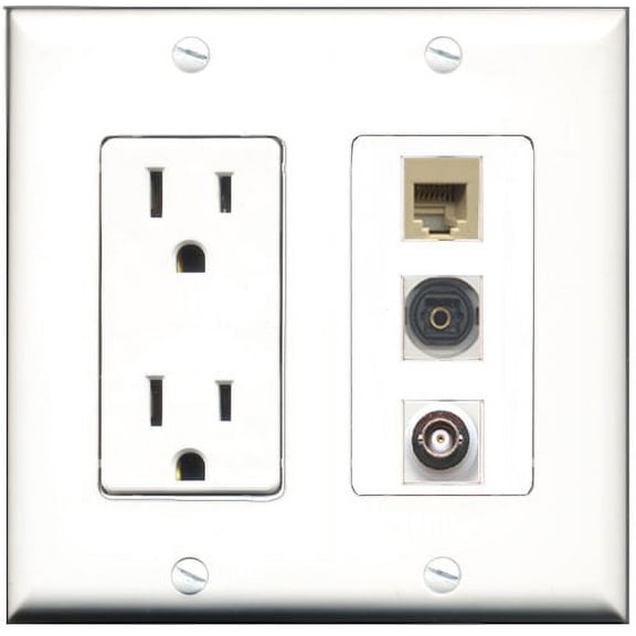 RiteAV - 15 Amp Power Outlet 1 Port Phone Beige 1 Port Toslink 1 Port BNC Decorative Wall Plate