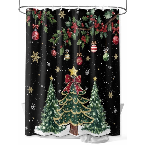 Fsddascl Black Christmas Shower Curtain Set - Long 72" x 84" Washable Bathtub Curtain with 12 Hooks, Xmas Christmas Tree Snowflake Waterproof Fabric Stall Shower Curtains for Bathroom/Bathtub Décor
