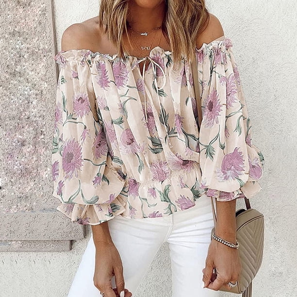 Top con mangas acampanadas y hombros descubiertos,Blusa con estampado floral y volantes para mujer, blusa con mangas con volantes y estampado floral, funcionalidad inteligente