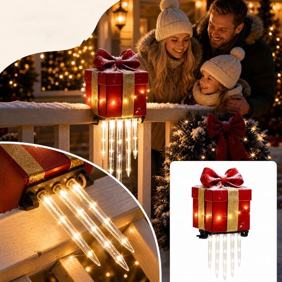 Lighted Christmas Gift Box Railing Decoration, 11.8 Inch LED Icicle Lights Outdoor Porch Fence Holiday Garden Home Yard Decor Gifts, 1 Pc
