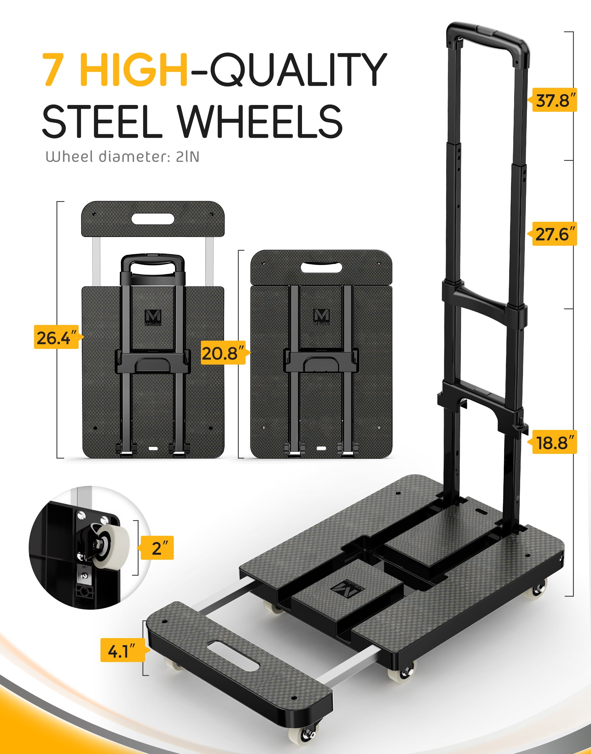 M BUDER Folding Hand Truck, 440 LBS Heavy Duty Dolly Cart, Utility Platform Cart with 7 Wheels for Travel, House, Office, Shopping, Moving Use Black Folded