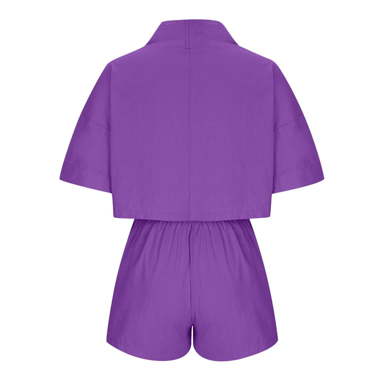 REORIAFEE 2 PCS Women Outfits 80s Outfit Women's Two Piece Cotton Linen  Short Sleeve V Neck Tops Pants Set Purple XL 