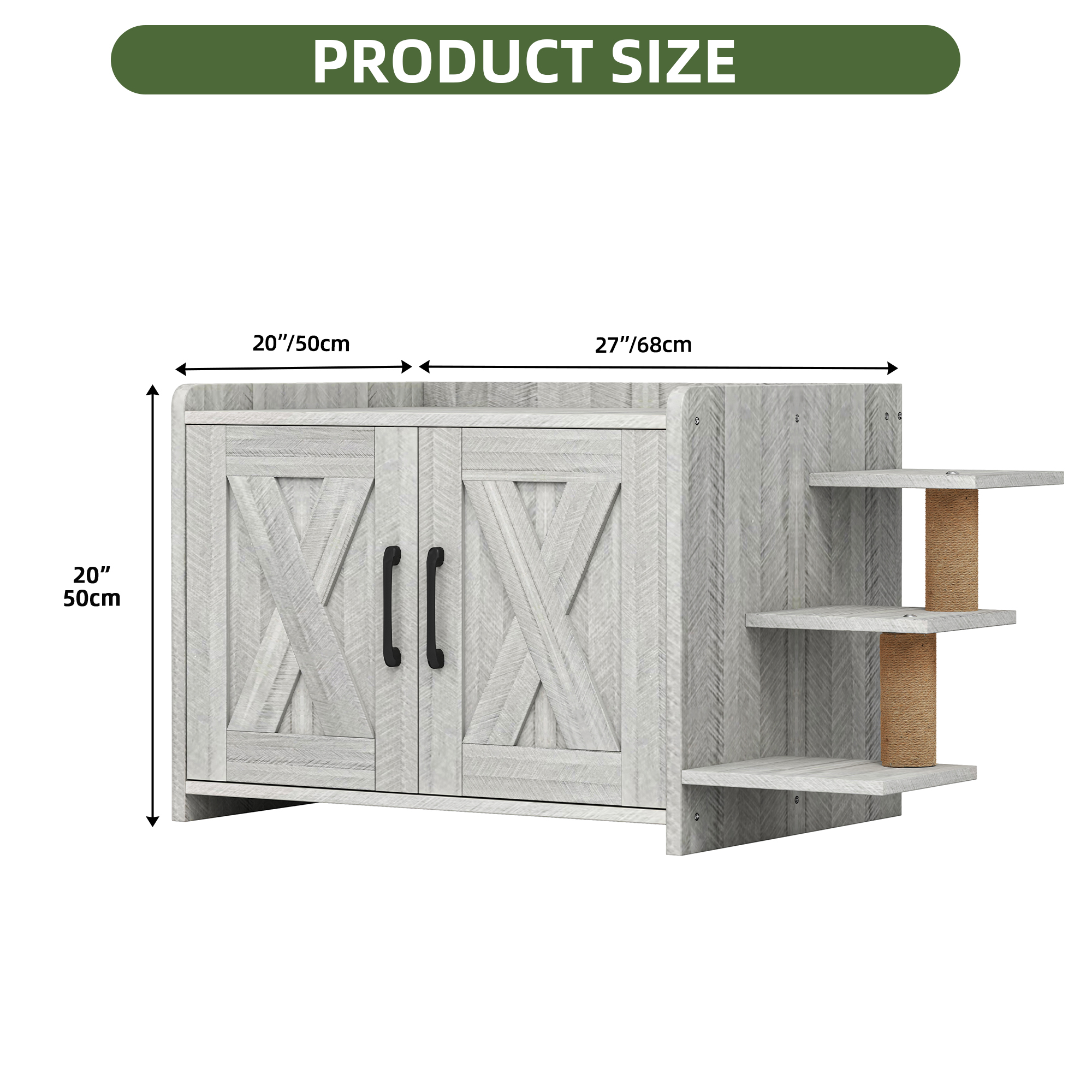 Uforic 27" Cat Litter Box Enclosure, Wooden Cat House Furniture with Scratching Posts & Plush Cushion, Gray