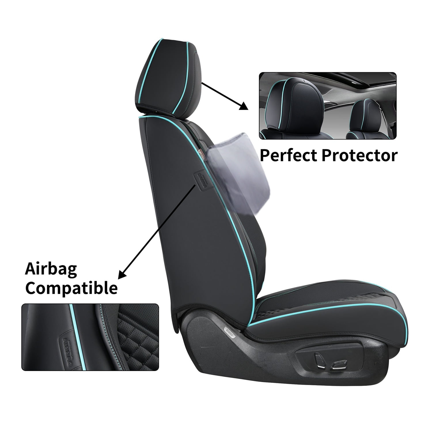 Coverado Black and Blue Trim Car Seat Covers Full Set, Premium Leather Front and Rear Split Bench Cover, Automotive Seat Protectors Universal Fit for Most Cars, SUVs and Trucks