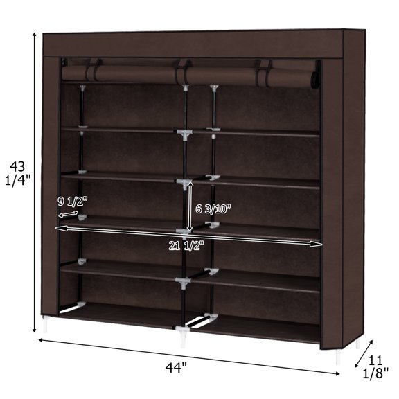 7 Tiers Shoe Rack Organizer, Portable Shoe Rack Closet Fabric Cover, Shoe Organizer Storage Cabinet 44" x 11" x 43" (L x W x H) Dark Brown, WRWQ510BN