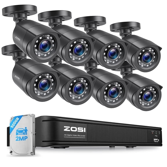 ZOSI 8Pcs Surveillance Bullet Cameras Outdoor Indoor, 5MP 3K Lite CCTV Security Camera System with AI Human Vehicle Detection, 8CH H.265 DVR , 100ft Night Vision, IP66 Weatherproof, 500GB HDD