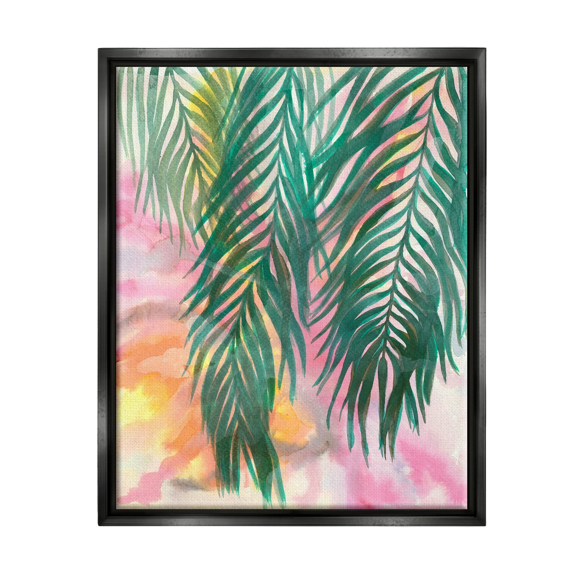 Stupell Industries Hanging Palms Tropical Plant Pink Watercolor Effect Painting Metallic Gold Floating Framed Canvas Print Wall Art, Design by Elvira Errico
