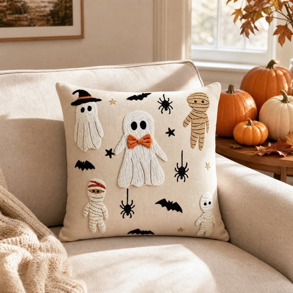 PoyoKee Throw Pillow Covers 20x20, Halloween Embroidered Linen Outdoor Pillow Covers, Soft Pillowcase for Sofa Bed, Halloween Decorations Fall Decor