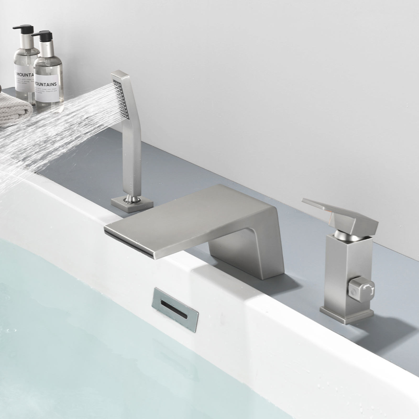 Cobbe Single Handle Bathroom Bathtub Faucet with 3.5-Inch Wide Waterfall Spout and Handheld Shower 3-Hole Deck Mount Brushed Nickel
