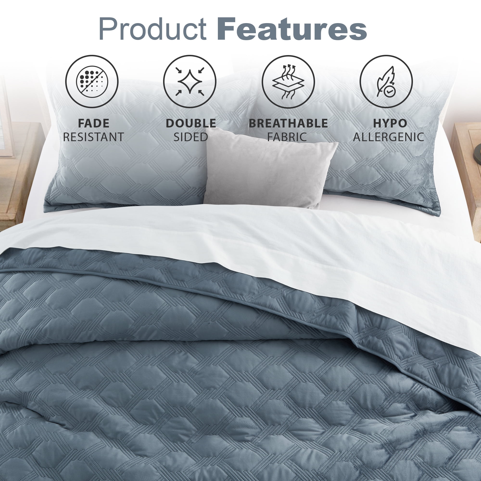 IR Imperial Rooms Luxury Velvet Quilt Set Ultrasonic Embossed Bedspread Geometric Pattern 2-Piece Soft Reversible Twin Size Bluish Gray