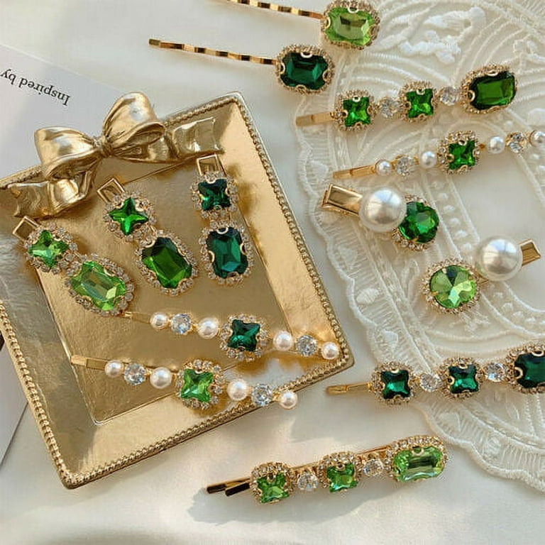New Genesis Online 5 Pcs Rhinestone Bobby Pin Metal Hair Clips Green Crystal Hair Pin Decorations for Lady Women Girls, Size: One Size