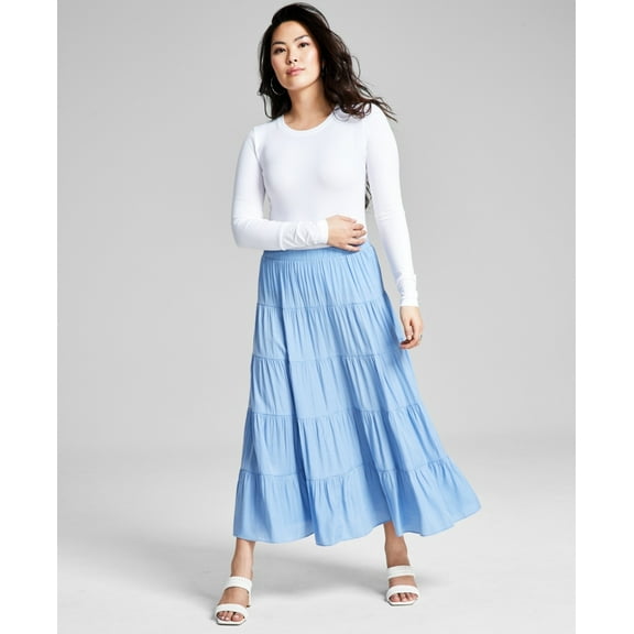 And Now This CLEAN CHAMBRAY Women's Pull-on Tiered Maxi Skirt, US Small