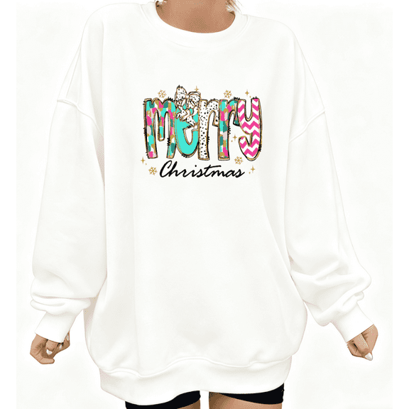 Women's Retro Merry Christmas Colorful Letter Bow Snowflake Star Graphic Cotton Round-neck Long-sleeved Sweatshirt White S-3XL