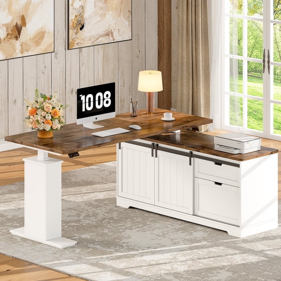 Farmhouse L Shaped Standing Desk with Drawers, Height Adjustable Corner Desk for Home Office, White