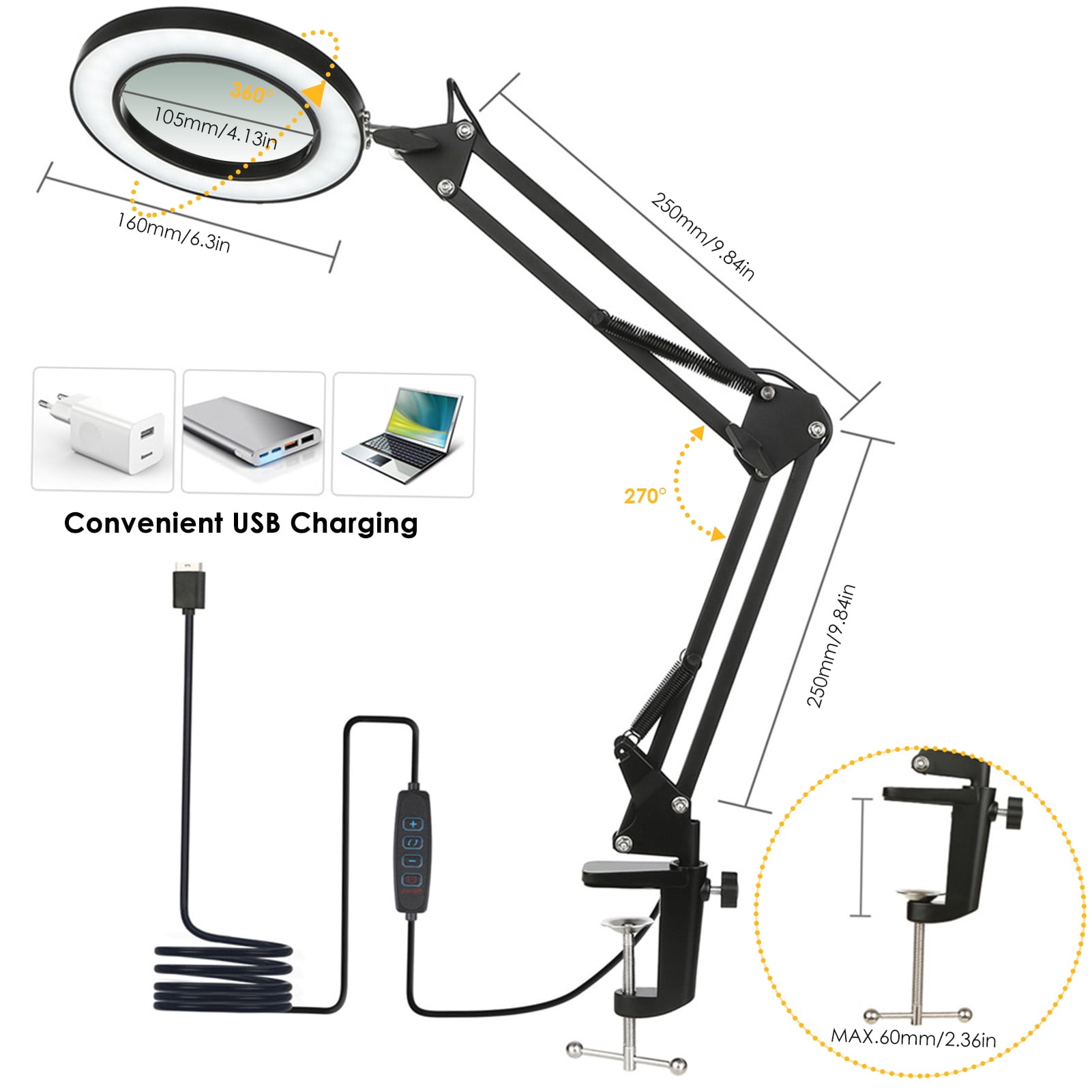 Neoglint Flexible Clamp-on Table Lamp with 8x Magnifier Swing Arm Dimmable LEDs Desk Light 3 Color Modes & 10 Brightness Levels Reading Working Studying Light