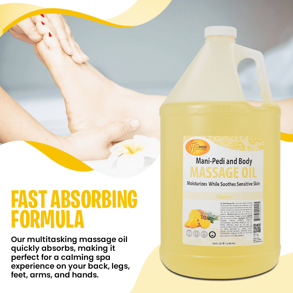 SPA REDI - Massage Oil, Pineapple, 128 Oz - Professional Pedicure, Manicure, Full Body Massage Therapy, Made with Almond Oil, Cotton Seed Oil, Sunflower Oil, Avocado Oil, Essential Oils, Vitamin E
